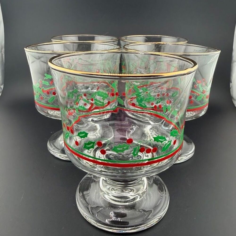 Vintage Libbey Arby's Christmas Holly Berry Dessert Glasses, Gold Rim, Set of 5